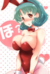 Rule 34 | 10s, 1girl, ?, animal ears, bare shoulders, blush, bow, bowtie, breasts, rabbit, rabbit ears, rabbit tail, playboy bunny, cleavage, collar, covered navel, detached collar, fake animal ears, fishnet pantyhose, fishnets, fuyube rion, green hair, hairband, heart, heart background, idolmaster, idolmaster million live!, large breasts, looking at viewer, pantyhose, parted lips, red eyes, short hair, solo, tail, tokugawa matsuri, translated, wrist cuffs