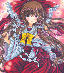 Rule 34 | 1girl, bow, bowtie, brown hair, closed mouth, cowboy shot, detached sleeves, frilled bow, frilled bowtie, frilled hair tubes, frilled shirt collar, frilled sleeves, frills, gohei, hair between eyes, hair bow, hair tubes, hakurei reimu, holding, holding stick, long hair, looking at viewer, marker (medium), petals, pink background, red bow, red eyes, red ribbon, red shirt, red skirt, ribbon, ribbon-trimmed sleeves, ribbon trim, rui (sugar3), sample watermark, shirt, skirt, skirt set, sleeve ribbon, sleeveless, sleeveless shirt, smile, solo, stick, touhou, traditional media, very long hair, watermark, wide sleeves, yellow bow, yellow bowtie