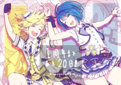 Rule 34 | 1boy, 1girl, absurdres, aiguillette, black gloves, blue eyes, blue hair, bracelet, closed eyes, clover ornament, commentary request, countdown, epaulettes, gloves, hat, highres, idol, index finger raised, jewelry, kagamine len, kamogawa (kamogawa sodachi), kiritani haruka, layered skirt, mini hat, more more jump! len, official art, one eye closed, open mouth, pointing, project sekai, sash, shirt, short hair, short sleeves, shorts, skirt, sleeveless, sleeveless shirt, vest, vocaloid, white shirt, white shorts, white vest, yellow eyes, yellow sash, yellow vest