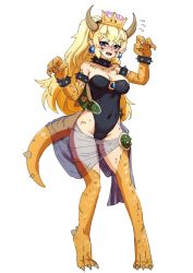 Rule 34 | 1girl, animal hands, armlet, barbariank, blonde hair, blue eyes, blush, bowsette, bracelet, claw pose, claws, collar, commentary, crown, earrings, english commentary, fangs, forked eyebrows, full body, hair between eyes, highres, horns, jewelry, leotard, long hair, looking at viewer, mario (series), monster girl, monsterification, new super mario bros. u deluxe, nintendo, pointy ears, ponytail, purple eyes, scales, sketch, solo, spiked armlet, spiked bracelet, spiked collar, spiked shell, spiked tail, spikes, super crown, tail, turtle shell, v-shaped eyebrows