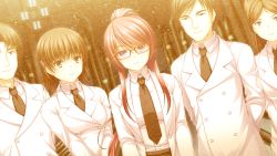 Rule 34 | 1boy, 3girls, asami asami, blonde hair, character request, game cg, glasses, lab coat, long hair, multiple girls, re:birth colony, rindou ruri (re:birth), smile