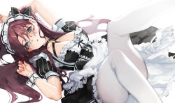 Rule 34 | 1girl, absurdres, arm up, blue eyes, blush, breasts, brown hair, cleavage, dress, frills, highres, looking at viewer, lying, maid, maid headdress, medium breasts, medium hair, on back, original, pantyhose, simple background, tunamayo (dsasd751), white background, white pantyhose