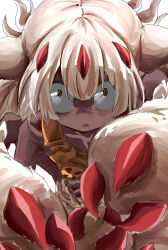 Rule 34 | 1girl, :o, claws, dark skin, extra arms, faputa, fewer digits, hair between eyes, highres, kororopon, looking at viewer, made in abyss, monster girl, open mouth, reaching, reaching towards viewer, simple background, solo, very dark skin, white background, white fur, yellow eyes