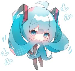 Rule 34 | 1girl, :&lt;, ahoge, black footwear, black skirt, black sleeves, blue eyes, blue hair, blush, boots, chibi, closed mouth, detached sleeves, hair between eyes, hatsune miku, highres, holding, holding hair, long hair, long sleeves, looking at viewer, shirt, simple background, skirt, solo, standing, thigh boots, twintails, very long hair, vocaloid, white background, white shirt, wide sleeves, yuni (irohasuiroiro)