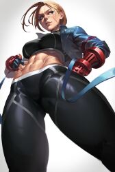 Rule 34 | 1girl, abs, ahoge, black pants, blonde hair, blue eyes, blue jacket, bracer, breasts, cammy white, capcom, cropped jacket, fingerless gloves, from below, gloves, hand on own hip, highres, jacket, large breasts, midriff, mon eree, muscular, muscular female, navel, pants, partially fingerless gloves, short hair, sports bra, street fighter, street fighter 6, sweat, sweatdrop, thigh gap, thighs, toned