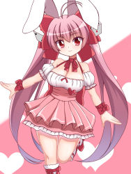 Rule 34 | 1girl, animal ears, antenna hair, bare shoulders, breasts, cleavage, closed mouth, detached sleeves, di gi charat, dice hair ornament, gradient hair, hair ornament, hair ribbon, heart, heart background, highres, large breasts, leg up, legs together, long hair, looking at viewer, multicolored hair, neck ribbon, pink background, pink footwear, pink hair, pink skirt, pleated skirt, puffy short sleeves, puffy sleeves, purple hair, rabbit ears, red eyes, red ribbon, ribbon, short sleeves, sidelocks, skirt, smile, socks, solo, standing, standing on one leg, tareme, thigh gap, thighs, two-tone background, underbust, usada hikaru, very long hair, white background, white skirt, white socks, wrist ribbon, zetsuei (zetto)