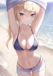 Rule 34 | 1girl, armpits, arms up, bare shoulders, beach, bikini, blonde hair, blue bikini, blue eyes, breasts, cleavage, collarbone, commentary, cowboy shot, english commentary, genshin impact, halterneck, highleg, highleg bikini, highres, jean (genshin impact), large breasts, long hair, looking at viewer, marinesnow, micro shorts, navel, open fly, parted lips, ponytail, shirt, short shorts, shorts, skindentation, solo, standing, stomach, string bikini, swimsuit, undressing, water, white shirt, white shorts
