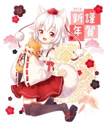 Rule 34 | 1girl, animal, animal ears, black footwear, black thighhighs, detached sleeves, fang, full body, hat, holding, holding animal, inubashiri momiji, kneeling, looking at viewer, mimi (mimi puru), miniskirt, open mouth, red eyes, red skirt, ribbon-trimmed sleeves, ribbon trim, shiba inu, skirt, smile, solo, tail, thighhighs, tokin hat, touhou, white background, wide sleeves, wolf ears, wolf tail