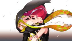 Rule 34 | 1boy, 1girl, agent 3 (splatoon), agent 8 (splatoon), black cape, black shirt, blunt bangs, cape, closed eyes, commentary, gradient background, gradient hair, green hair, grey background, hetero, holding hands, inkling, inkling girl, inkling player character, kiss, long hair, long sleeves, mohawk, multicolored hair, nintendo, octoling, octoling boy, octoling player character, orange hair, pointy ears, red hair, shirt, short hair, sleeveless, sleeveless shirt, splatoon (series), splatoon 1, splatoon 2, splatoon 2: octo expansion, squidbeak splatoon, suction cups, tentacle hair, torn cape, torn clothes, vest, wind, yellow vest, yeneny, zipper