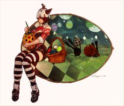 Rule 34 | 10s, 1girl, animal ears, basket, chocobo, easter, easter egg, egg, final fantasy, final fantasy xiv, miqo&#039;te, official art, paintbrush, painting (action), rabbit, ribbon, spriggan (final fantasy), striped clothes, striped thighhighs, tail, thighhighs, warrior of light (ff14), zettai ryouiki