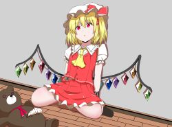 Rule 34 | 1girl, against wall, ascot, black socks, buttons, collared shirt, flandre scarlet, frilled sleeves, frills, full body, hair between eyes, hat, highres, indoors, kyanta5354, looking at viewer, medium hair, mob cap, multicolored wings, no shoes, open mouth, puffy short sleeves, puffy sleeves, red eyes, red skirt, red vest, shirt, short sleeves, skirt, skirt set, socks, solo, stuffed animal, stuffed toy, teddy bear, touhou, vest, white hat, white shirt, wings, wooden floor, yellow ascot