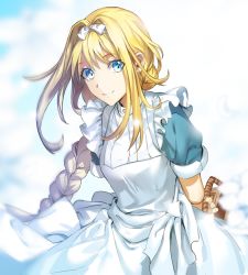 Rule 34 | 1girl, alice zuberg, apron, arms behind back, bad id, bad pixiv id, basket, blonde hair, blue eyes, blue shirt, bow, braid, cloud, day, ddaomphyo, floating hair, hair bow, highres, long hair, looking at viewer, outdoors, shirt, short sleeves, single braid, smile, solo, standing, sword art online, very long hair, white apron, white bow