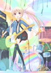 Rule 34 | 1girl, :d, bad id, bad pixiv id, black thighhighs, blush, bow, chm (macharge), colorful, drum, drum set, female focus, full body, guitar, hair bow, hair ribbon, instrument, long hair, microphone, multicolored hair, open mouth, original, paintbrush, pink hair, rainbow, red eyes, ribbon, skirt, smile, solo, speaker, thighhighs, twintails