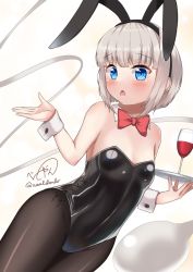 Rule 34 | 1girl, animal ears, black leotard, blue eyes, blunt bangs, blush, bow, bowtie, detached collar, dutch angle, fake animal ears, highleg, highleg leotard, highres, konpaku youmu, konpaku youmu (ghost), leotard, looking at viewer, open mouth, pantyhose, playboy bunny, rabbit ears, rital, short hair, signature, simple background, solo, strapless, strapless leotard, tights day, touhou, twitter username, white hair, wrist cuffs