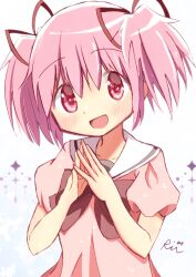 Rule 34 | 1girl, kaname madoka, looking at viewer, mahou shoujo madoka magica, open mouth, pink eyes, pink hair, ringoo39, short sleeves, short twintails, smile, solo, twintails