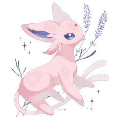 Rule 34 | artist name, blue eyes, creatures (company), espeon, flower, forehead jewel, forked tail, game freak, gen 2 pokemon, highres, iwasi 29, lavender (flower), nintendo, no humans, pink fur, pokemon, pokemon (creature), simple background, solo, sparkle, tail, white background