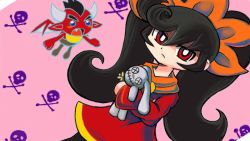Rule 34 | 1boy, 1girl, ashley (warioware), big hair, black hair, blue eyes, child, demon, demon horns, demon wings, dot nose, dress, facing viewer, fang, feet out of frame, hair between eyes, hairband, holding, holding stuffed toy, horns, long hair, looking at viewer, nintendo, open mouth, orange hairband, pink background, pointy ears, red (warioware), red dress, red eyes, sidelocks, skull and crossbones, stuffed animal, stuffed rabbit, stuffed toy, swept bangs, takamame, tongue, twintails, warioware, wings