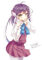Rule 34 | 1girl, asymmetrical bangs, blush, bow, bowtie, double v, dress, fujinami (kancolle), grey pantyhose, hair ornament, hair ribbon, highres, hizaka, kantai collection, long hair, long sleeves, looking at viewer, one-hour drawing challenge, open mouth, pantyhose, purple hair, ribbon, school uniform, shirt, side ponytail, simple background, sleeveless, sleeveless dress, smile, solo, tongue, tongue out, twitter username, v, white background, white shirt, yellow eyes
