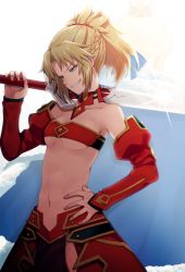 Rule 34 | 1girl, aqua eyes, blonde hair, bra, breasts, choker, clarent (fate), detached sleeves, fate/apocrypha, fate (series), grin, groin, hair ornament, hair scrunchie, hand on own hip, highres, holding, holding sword, holding weapon, long hair, medium breasts, midriff, mordred (fate), mordred (fate/apocrypha), navel, ponita, red bra, red scrunchie, red skirt, scrunchie, skirt, smile, solo, sparkle, standing, striped bra, striped clothes, sword, underboob, underwear, weapon