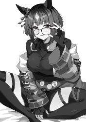 Rule 34 | 1girl, absurdres, adjusting eyewear, animal ears, badge, blush, breasts, button badge, closed mouth, coat, ear ornament, fanny pack, fingerless gloves, glasses, gloves, greyscale, headphones, headphones around neck, highres, horse ears, impossible clothes, looking at viewer, medium breasts, misoni (mi so ni t), monochrome, off shoulder, open clothes, open coat, shirt, short hair, solo, thighhighs, tongue, tongue out, transcend (umamusume), umamusume