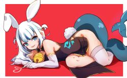 Rule 34 | 1girl, animal ears, bare shoulders, bell, bite mark, black dress, blue eyes, blue hair, china dress, chinese clothes, dress, elbow gloves, elun (elun 00), fins, fish tail, gawr gura, gloves, heart, highres, hololive, hololive english, looking at viewer, medium hair, multicolored hair, rabbit ears, rabbit tail, red background, shark girl, shark tail, sharp teeth, single thighhigh, sleeveless, solo, stitches, streaked hair, tail, teeth, thighhighs, two side up, virtual youtuber, white hair