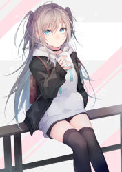 Rule 34 | 1girl, ahoge, backpack, bag, black choker, black jacket, black shorts, black thighhighs, blue eyes, can, choker, closed mouth, commentary request, drawstring, hair between eyes, holding, holding can, hood, hood down, hoodie, jacket, kuroi (liar-player), long hair, looking at viewer, on railing, open clothes, open jacket, original, railing, short shorts, shorts, sitting, solo, thighhighs, twitter username, two side up, very long hair, white hoodie