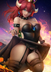 Rule 34 | 1girl, armlet, bare shoulders, black dress, black panties, black thighhighs, bowsette, bracelet, breasts, cleavage, clothes lift, collar, crown, dress, dress lift, earrings, fire, garter belt, green eyes, half-closed eyes, horns, jewelry, lace, lace-trimmed legwear, lace trim, large breasts, lifted by self, mario (series), new super mario bros. u deluxe, nintendo, panties, ponytail, realistic, red hair, sharp teeth, skindentation, solo, spiked armlet, spiked bracelet, spiked collar, spikes, star (sky), strapless, strapless dress, super crown, teeth, thick thighs, thighhighs, thighs, turtle shell, twilight, underwear, v-shaped eyebrows, zumi (zumidraws)