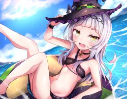 Rule 34 | 1girl, bare shoulders, bikini, blue sky, blunt bangs, blush, choker, cloud, collarbone, flat chest, groin, hand on headwear, hat, highres, holding, holding clothes, holding hat, hololive, innertube, knees, legs, light purple hair, long hair, looking at viewer, murasaki shion, murasaki shion (hololive summer 2019), navel, official alternate costume, open mouth, outdoors, shiki (catbox230123), sky, solo, star (symbol), swim ring, swimsuit, teeth, thighs, upper teeth only, virtual youtuber, water, witch hat, yellow eyes