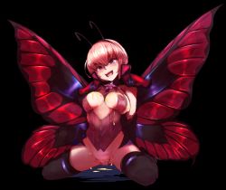 Rule 34 | 1girl, :d, antennae, arthropod girl, bare shoulders, black background, black gloves, blonde hair, boots, breasts, butterfly wings, cleavage, cleavage cutout, clothing cutout, commentary request, elbow gloves, flower, full body, gloves, hair between eyes, head tilt, highres, honey, insect wings, large breasts, looking at viewer, monster girl, monster girl encyclopedia, nanostar, open mouth, papillon (monster girl encyclopedia), red eyes, red wings, short hair, sitting, sleeveless, smile, solo, thigh boots, thighhighs, wings