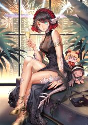 Rule 34 | 1girl, aqua eyes, au ra, bare legs, black dress, black hair, breasts, building, cleavage, crossed legs, cup, dress, drinking glass, final fantasy, final fantasy xiv, fireworks, full body, gold footwear, heterochromia, high heels, highres, holding, holding cup, horns, leaf, ling (doraling12), medium breasts, multicolored hair, nail polish, original, plant, red eyes, red hair, red nails, rei (aurirei), second-party source, sitting, sleeveless, sleeveless dress, smile, solo, tail, two-tone hair, warrior of light (ff14), white horns, window, wine glass