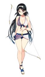 Rule 34 | 1girl, bikini, black hair, bow (weapon), breasts, brown eyes, cleavage, covered navel, full body, glasses, hairband, highres, holding, holding bow (weapon), holding weapon, inaba yamashou, large breasts, long hair, looking at viewer, navel, official art, sandals, sasamori tomoe, semi-rimless eyewear, shirohime quest, smile, solo, swimsuit, transparent background, weapon