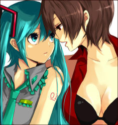 Rule 34 | 2girls, age difference, aqua eyes, aqua hair, bad id, bad pixiv id, bra, breasts, brown hair, cleavage, hatsune miku, height difference, lingerie, lips, long hair, lowres, meiko (vocaloid), multiple girls, necktie, nntn, onee-loli, open clothes, open shirt, red eyes, shirt, short hair, sleeveless, twintails, underwear, vocaloid, yuri