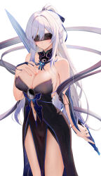 Rule 34 | 1girl, alternate costume, bare shoulders, black dress, blindfold, blush, breasts, bridal gauntlets, cleavage, closed mouth, clothing cutout, collarbone, covered eyes, dress, hair ornament, hand on own chest, highres, honkai: star rail, honkai (series), jingliu (honkai: star rail), large breasts, long hair, navel, navel cutout, ponytail, ru zhai, simple background, solo, thighs, white background, white hair