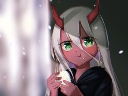 Rule 34 | 10s, 1girl, :t, blurry, blurry background, blush, child, closed mouth, colored skin, darling in the franxx, depth of field, eating, food, food on face, green eyes, hair between eyes, highres, holding, holding food, horns, long hair, looking at viewer, oni, oni horns, onigiri, petals, red skin, robe, samsafe, silver hair, solo, spoilers, straight hair, tareme, two-handed, upper body, wavy mouth, zero two (darling in the franxx)