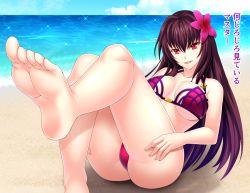 Rule 34 | 1girl, barefoot, beach, bikini, fate/grand order, fate (series), feet, flower, foot focus, hair flower, hair ornament, highres, leg up, long hair, looking at viewer, parted lips, pov, red eyes, scathach (fate), scathach (fate), sitting, soles, sweat, swimsuit, toes, translated