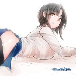 Rule 34 | 10s, 1girl, black hair, blouse, breast press, breasts, kantai collection, kojima (blue stardust), large breasts, light smile, looking back, lying, miniskirt, on stomach, parted bangs, red eyes, shirt, short hair, side slit, simple background, skirt, solo, takao (kancolle), thighhighs, white shirt