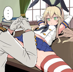 Rule 34 | ..., 10s, 1boy, 1girl, admiral (kancolle), arms behind head, arms up, bare shoulders, blonde hair, blush, book, bosshi, convenient censoring, crop top, desk, elbow gloves, gloves, green eyes, hairband, highres, kantai collection, long hair, lying, microskirt, military, military uniform, naval uniform, on back, own hands clasped, own hands together, school uniform, serafuku, shimakaze (kancolle), skirt, solo focus, spread legs, striped clothes, striped thighhighs, thighhighs, uniform, white gloves
