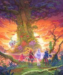 Rule 34 | absurdres, animal ears, bird, careena (visions of mana), cat ears, cat tail, fantasy, haccan, highres, julei (visions of mana), key visual, morley (visions of mana), official art, palamena (visions of mana), plant, promotional art, ramcoh (visions of mana), scenery, second-party source, seiken densetsu, standing, sunset, sword, tail, tree, val (visions of mana), visions of mana, weapon, weapon on back, wings