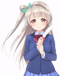 Rule 34 | 10s, 1girl, asymmetrical hair, blazer, blonde hair, blue jacket, blue skirt, blush, bow, bowtie, brown eyes, buttons, closed mouth, collared shirt, cowboy shot, feathers, green bow, hair bow, hair rings, highres, holding, jacket, long hair, long sleeves, looking at viewer, love live!, love live! school idol project, minami kotori, nullken, plaid, plaid skirt, pleated skirt, school uniform, shirt, skirt, smile, solo, striped bow, striped bowtie, striped clothes, striped neckwear, tareme, very long hair, white feathers, white shirt, wing collar