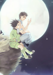 Rule 34 | 2boys, black eyes, black footwear, black hair, boots, earrings, father and son, fatherly, food, from side, full moon, get3, ging freecss, gon freecss, green footwear, green shorts, holding, holding food, hunter x hunter, jewelry, long sleeves, male focus, moon, multiple boys, nest, night, night sky, outdoors, pants, parted lips, profile, shade, shorts, sitting, sky, sleeveless, spiked hair, spoilers, star (sky), talking, white pants