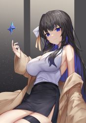 Rule 34 | 1girl, :3, absurdres, aoria, armpits, bare shoulders, black hair, black skirt, blue eyes, blue hair, blue nails, breasts, brown coat, cleavage, coat, commentary request, commission, cowboy shot, hair over breasts, hair over one breast, hair ribbon, hand up, highres, large breasts, long hair, long sleeves, looking at viewer, multicolored hair, nail polish, off shoulder, original, pencil skirt, purple eyes, purple hair, ribbon, sitting, skirt, solo, sparkle, star (symbol), streaked hair, thigh strap, thighs, two-tone hair, wavy mouth, wide sleeves