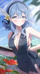 Rule 34 | 1girl, absurdres, ako (blue archive), ako (dress) (blue archive), black hairband, blue archive, blue eyes, blue hair, blue halo, blurry, blurry foreground, blush, breasts, closed mouth, clothing request, cowboy shot, day, ear piercing, flower, hair between eyes, hair flower, hair ornament, hairband, halo, highres, large breasts, long hair, looking at viewer, momomoi momoi, ocean, outdoors, piercing, polka dot, red flower, solo, white flower