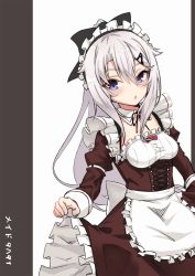 Rule 34 | 1girl, 9a-91 (girls&#039; frontline), alternate costume, apron, black bow, blue eyes, blush, bow, breasts, brown dress, character name, commentary request, dress, enmaided, fingernails, frilled apron, frilled dress, frills, girls&#039; frontline, hair between eyes, hair bow, high ponytail, highres, ivan wang, juliet sleeves, leaning to the side, long hair, long sleeves, looking at viewer, maid, maid headdress, parted lips, ponytail, puffy sleeves, silver hair, skirt hold, small breasts, solo, very long hair, waist apron, white apron