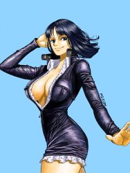 Rule 34 | 1girl, arm up, black hair, blue background, blue eyes, breasts, collarbone, collared dress, collared shirt, cowboy shot, dress, floating hair, full-length zipper, high collar, highres, large breasts, lips, long sleeves, looking at viewer, medium hair, meron (meikoko drawing), microdress, nico robin, no bra, one piece, outstretched arm, outstretched hand, shirt, simple background, smile, solo, twisted torso, undershirt, unzipped, wing collar, zipper, zipper pull tab