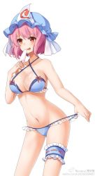 Rule 34 | 1girl, adapted costume, artist name, bikini, bikini pull, breasts, cleavage, clothes pull, dripping, food, frilled bikini, frills, groin, large breasts, bridal garter, melting, open mouth, pink eyes, pink hair, popsicle, pulling own clothes, saigyouji yuyuko, short hair, smile, solo, swimsuit, touhou, transistor, triangular headpiece, watermark, web address, white background