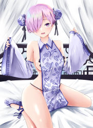 Rule 34 | 1girl, alternate costume, bare shoulders, black panties, blush, breasts, bun cover, china dress, chinese clothes, detached sleeves, double bun, dress, fate/grand order, fate (series), hair bun, hair over one eye, halter dress, halterneck, hiba (p-p-purin), indoors, kneeling, light purple hair, looking at viewer, mash kyrielight, medium breasts, open mouth, panties, pasties, purple eyes, short hair, sideboob, solo, tape, tape on nipples, underwear