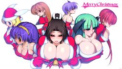 Rule 34 | 6+girls, asamiya athena, ayane (doa), bad id, bad pixiv id, bare shoulders, bell, blonde hair, blue eyes, blush, breast hold, breasts, brown hair, bursting breasts, capcom, christmas, cleavage, crossed arms, crossover, dead or alive, demon girl, earrings, elbow gloves, fatal fury, fur trim, gift, gloves, green eyes, green hair, hair over eyes, hairband, hat, hat feather, head wings, headband, highres, hitomi (doa), holly, huge breasts, jewelry, kasumi (doa), konekonewasabii, long hair, mistletoe, morrigan aensland, multiple girls, namco, naughty face, ponytail, purple hair, red gloves, red hair, santa costume, santa hat, shermie (kof), shiranui mai, short hair, snk, tan, tecmo, the king of fighters, valkyrie (vnd), valkyrie no densetsu, vampire (game), wallpaper, wings