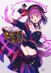 Rule 34 | 1girl, armpits, ass, bare shoulders, belt, beret, black thighhighs, blush, book, boots, breasts, detached collar, detached sleeves, fate/grand order, fate (series), hat, helena blavatsky (fate), helena blavatsky (third ascension) (fate), ichikura tokage, open book, open mouth, purple eyes, purple hair, small breasts, solo, thighhighs, twisted torso