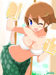 Rule 34 | 1girl, alcohol, beer, beer mug, bikini, blue eyes, breasts, brown hair, cleavage, commentary request, cowboy shot, cup, flipped hair, green sarong, hair ornament, hairclip, hiei (kancolle), highres, kanoe soushi, kantai collection, large breasts, leaning forward, looking at viewer, mug, one eye closed, sarong, short hair, smile, solo, standing, swimsuit, twitter username, white bikini