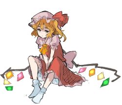 Rule 34 | 1girl, alternate eye color, ascot, bifidus (exkagerou8665), blonde hair, bloomers, collared shirt, commentary request, flandre scarlet, frilled sleeves, frilled socks, frills, hat, hat ribbon, highres, mob cap, no shoes, one-hour drawing challenge, puffy short sleeves, puffy sleeves, red ribbon, red skirt, red vest, ribbon, shirt, short sleeves, side ponytail, simple background, sitting, sketch, skirt, socks, solo, touhou, underwear, vest, white background, white bloomers, white hat, white shirt, white socks, wings, yellow ascot, yellow eyes